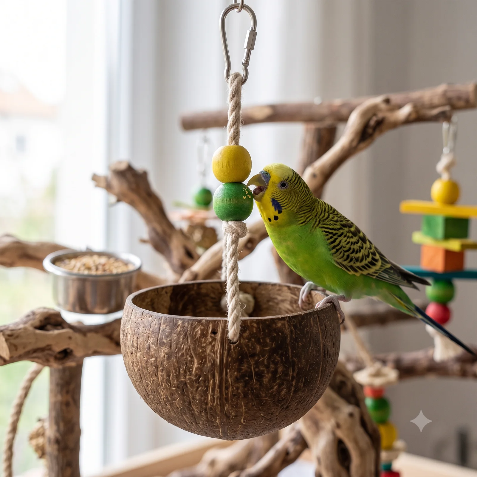 El Nuevo Neighborhood Pet Shop Natural Coconut Shell Bird Swing & Resting Bed with Colorful Beads - Image 4