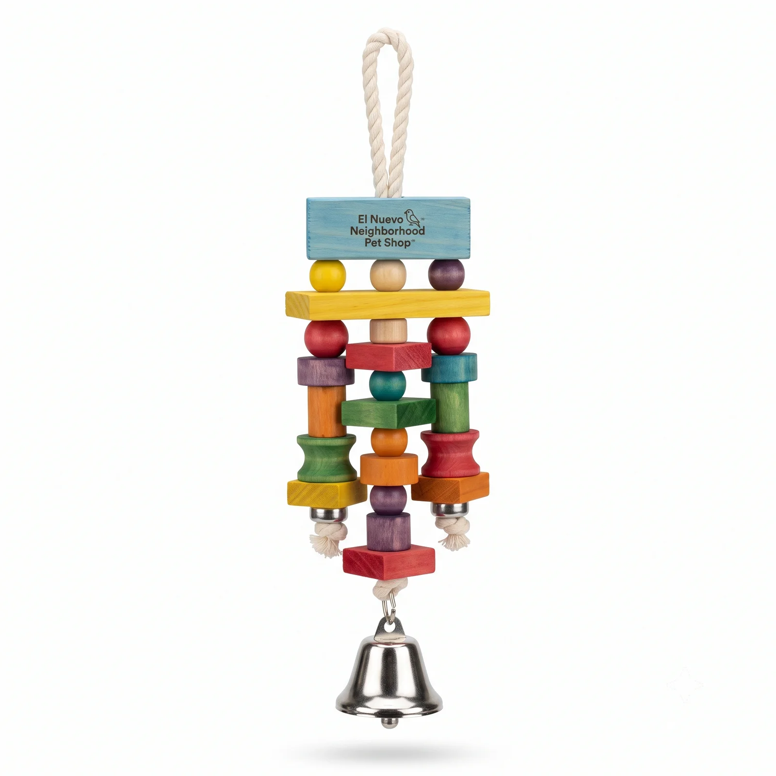 El Nuevo Neighborhood Pet Shop Colorful Wooden Block Bird Toy with Hanging Bell