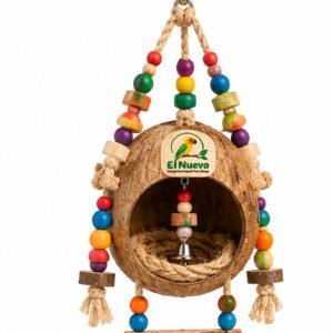El Nuevo Coconut Shell Bird Hideaway with Perch and Beads